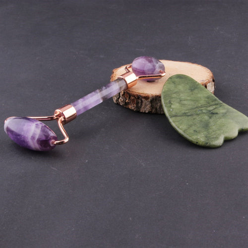 Amethyst Natural Stone Roller and Jade Natural Stone Goose Foot Gua Sha Massage Set