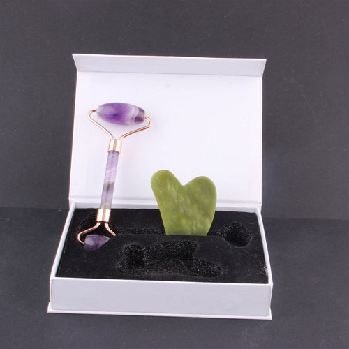 Amethyst Natural Stone Roller and Jade Natural Stone Heart Gua Sha Massage Set