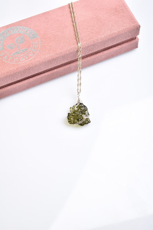 Natural Moldavite Stone Silver Wrap Necklace