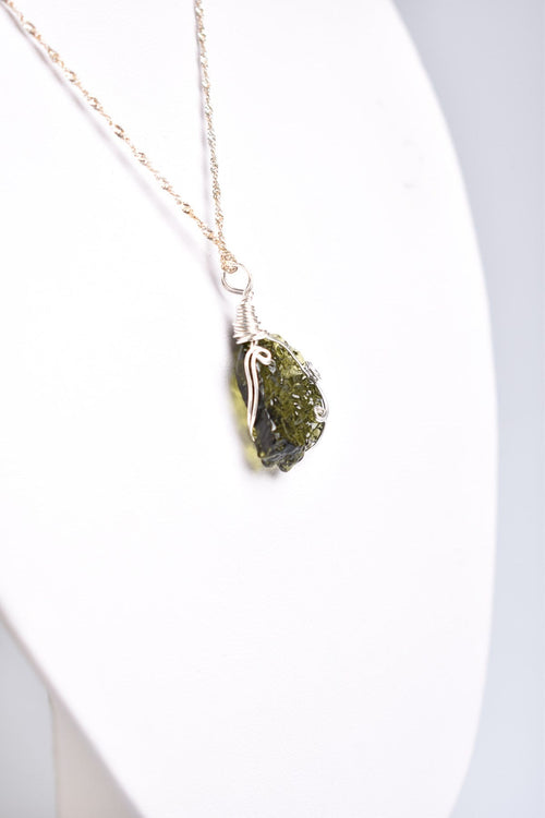 Natural Moldavite Stone Silver Wrap Necklace