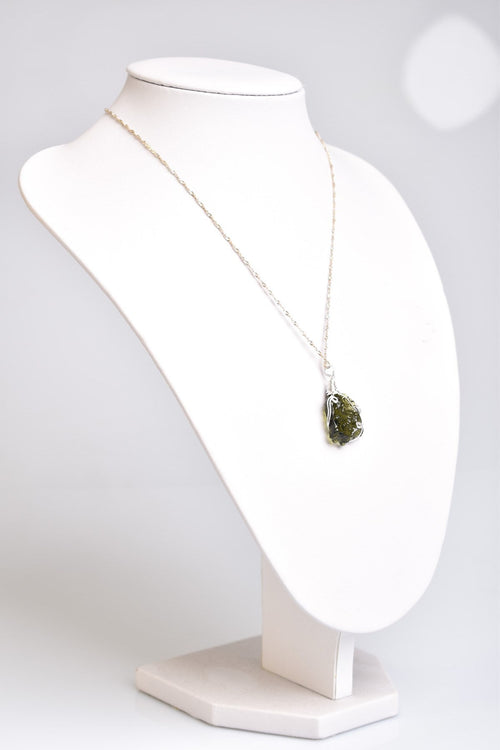 Natural Moldavite Stone Silver Wrap Necklace