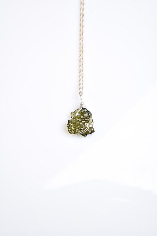 Natural Moldavite Stone Silver Wrap Necklace