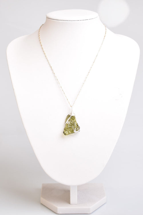 Natural Moldavite Stone Silver Wrap Necklace