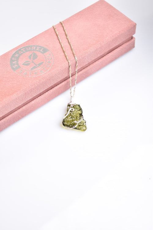 Natural Moldavite Stone Silver Wrap Necklace