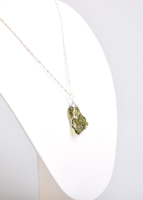 Natural Moldavite Stone Silver Wrap Necklace