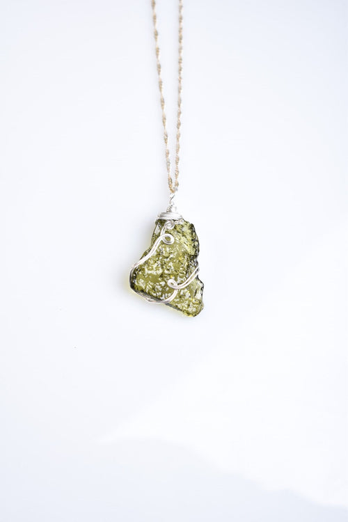 Natural Moldavite Stone Silver Wrap Necklace