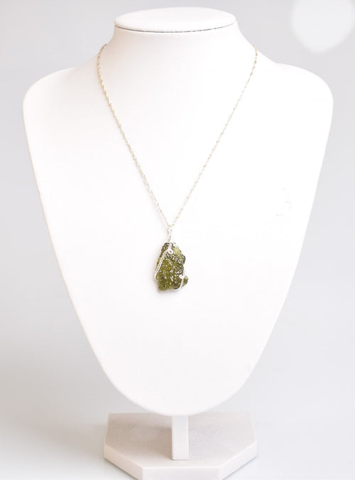 Natural Moldavite Stone Silver Wrap Necklace