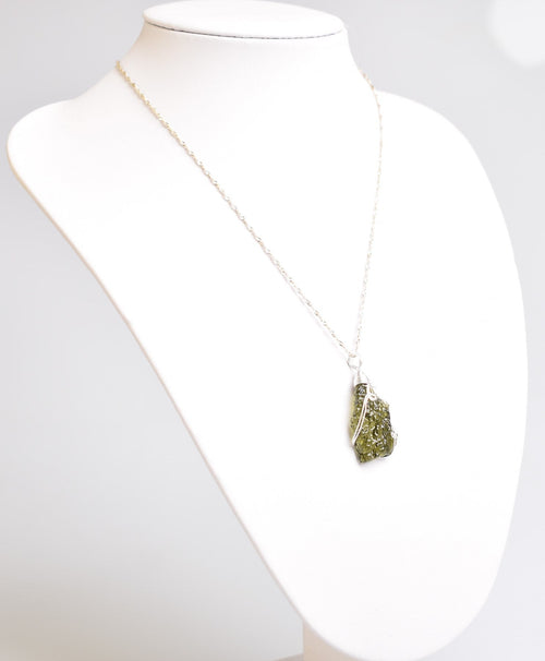 Natural Moldavite Stone Silver Wrap Necklace