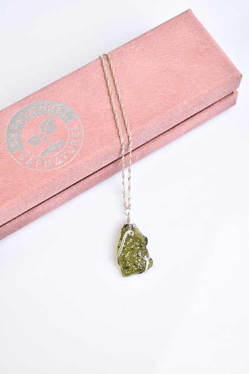 Natural Moldavite Stone Silver Wrap Necklace