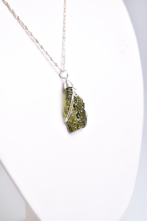 Natural Moldavite Stone Silver Wrap Necklace