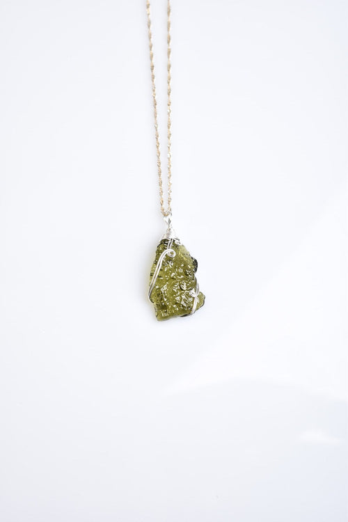 Natural Moldavite Stone Silver Wrap Necklace