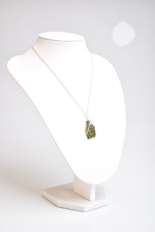 Natural Moldavite Stone Silver Wrap Necklace