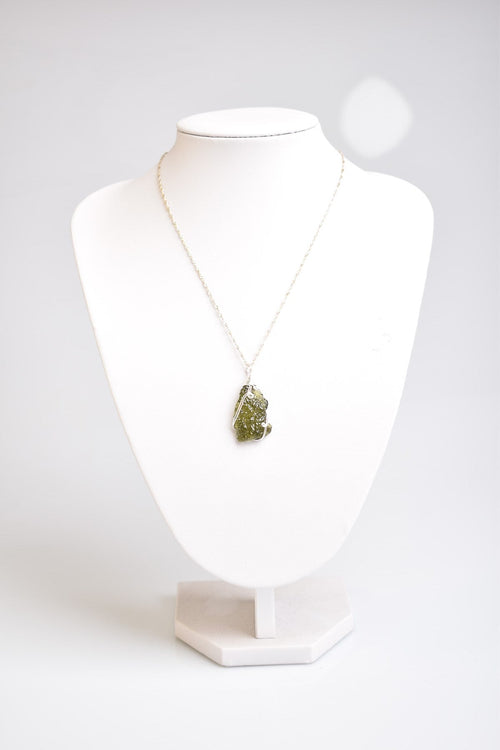 Natural Moldavite Stone Silver Wrap Necklace