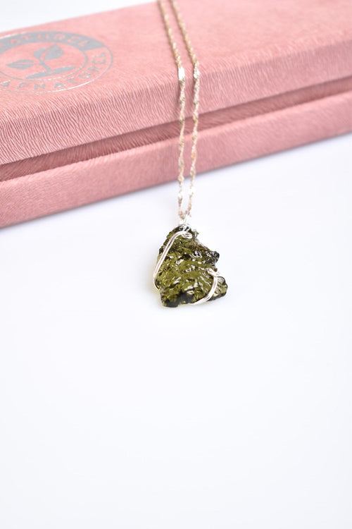 Natural Moldavite Stone Silver Wrap Necklace