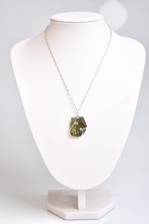 Natural Moldavite Stone Silver Wrap Necklace