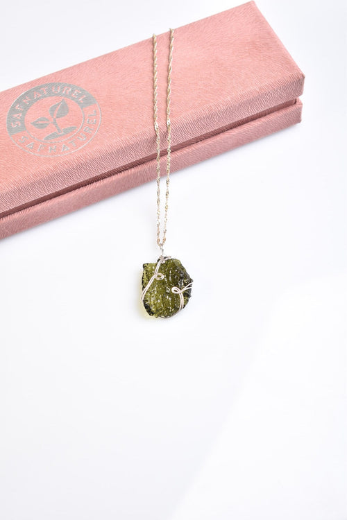 Natural Moldavite Stone Silver Wrap Necklace