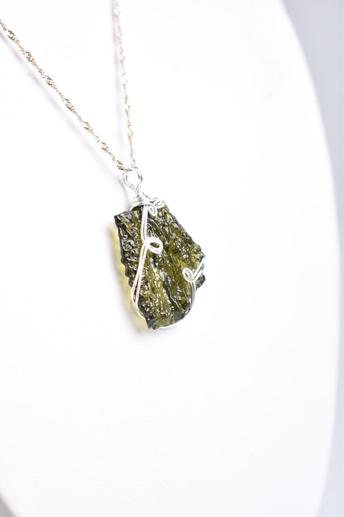 Natural Moldavite Stone Silver Wrap Necklace