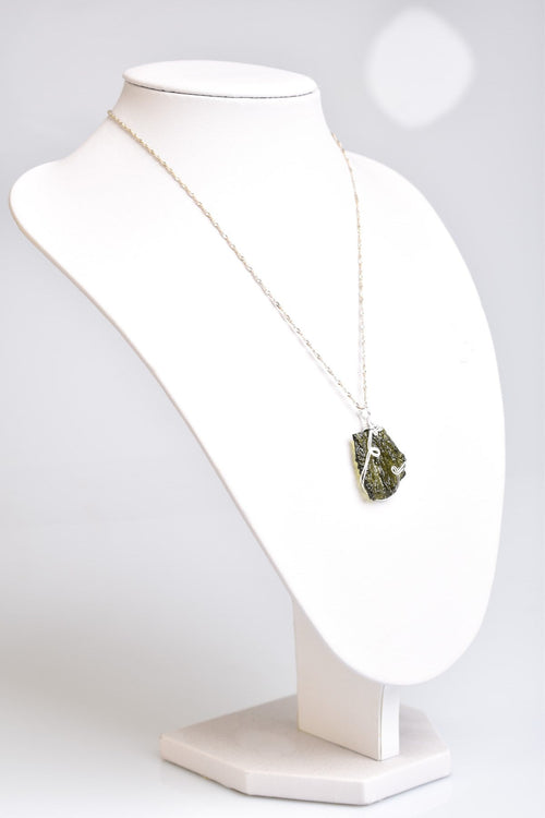 Natural Moldavite Stone Silver Wrap Necklace