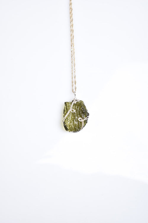 Natural Moldavite Stone Silver Wrap Necklace