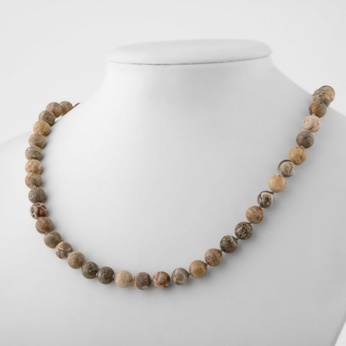 Fossil Coral 8 mm Knotted Natural Stone Necklace