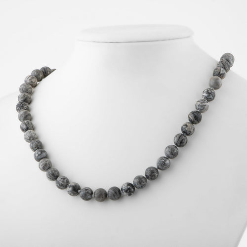 Gray Jasper 8 mm Knotted Natural Stone Necklace