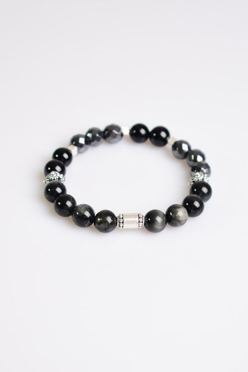 Eagle Eye - Hematite - Tourmaline Natural Stone Silver Device Unisex Bracelet