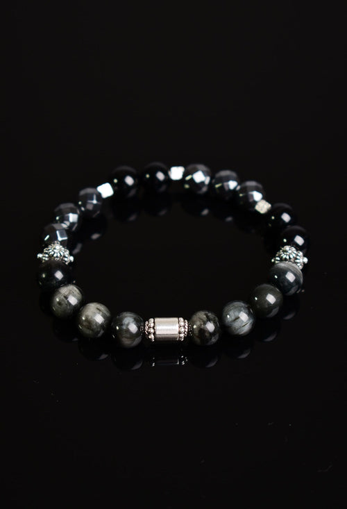 Eagle Eye - Hematite - Tourmaline Natural Stone Silver Device Unisex Bracelet