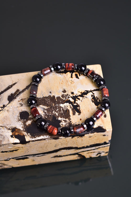 Red Tiger Eye - Hematite - Obsidian Natural Stone Bracelet