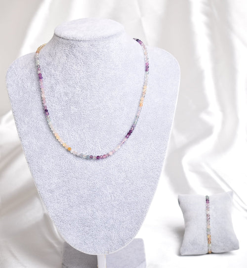 Certified Fluorite Natural Stone Necklace and Bracelet Set 3-4 mm