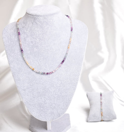 Certified Fluorite Natural Stone Necklace and Bracelet Set 3-4 mm