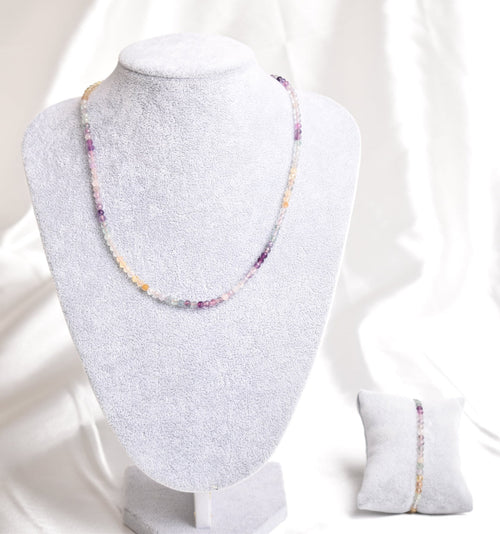 Certified Fluorite Natural Stone Necklace and Bracelet Set 3-4 mm