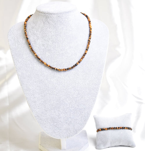 Certified Tiger Eye Natural Stone 3-4mm Necklace Bracelet Set