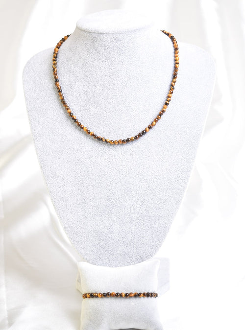 Certified Tiger Eye Natural Stone 3-4mm Necklace Bracelet Set