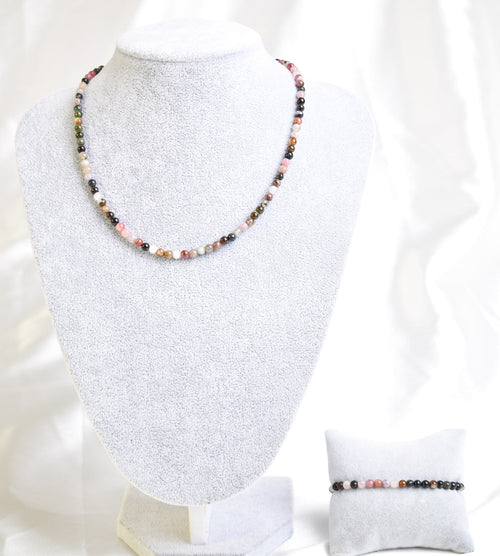 Certified Tourmaline Natural Stone Necklace and Bracelet Set 3-4 mm