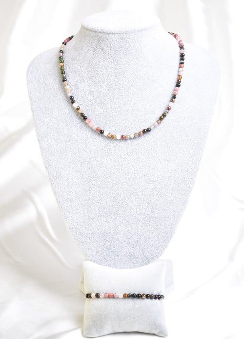 Certified Tourmaline Natural Stone Necklace and Bracelet Set 3-4 mm