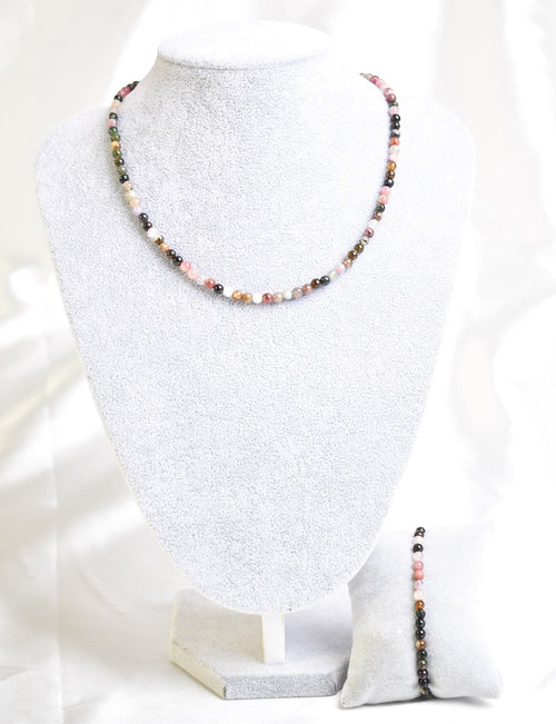 Certified Tourmaline Natural Stone Necklace and Bracelet Set 3-4 mm