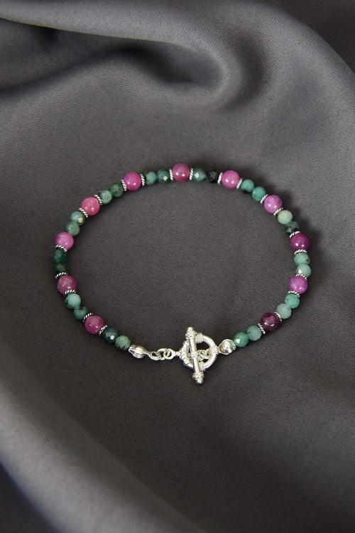 Ruby - Emerald Natural Stone 925 Sterling Silver Closure Bracelet - Moonlight Collection